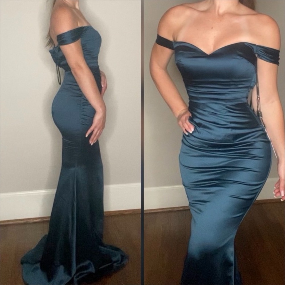 Off shoulder fitted satin formal dress, military ball, bridesmaid dress sz 2